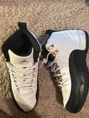 Jordan White & Black Retro Basketball Sneakers with Gold Accents